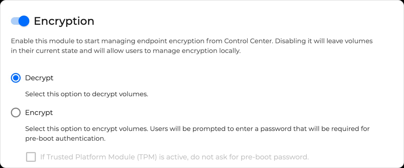 GravityZone encryption policy showing native BitLocker and FileVault encryption managed centrally